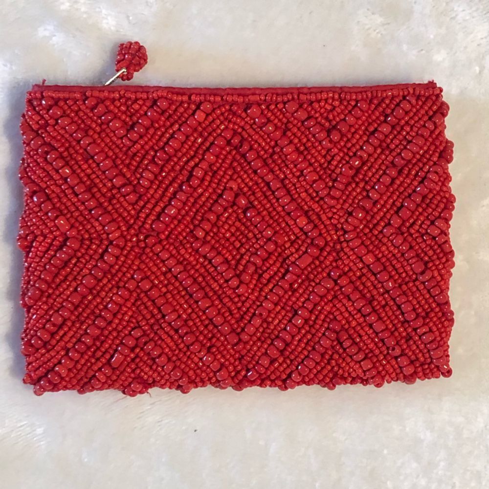 Coral Red Beaded Coin Purse